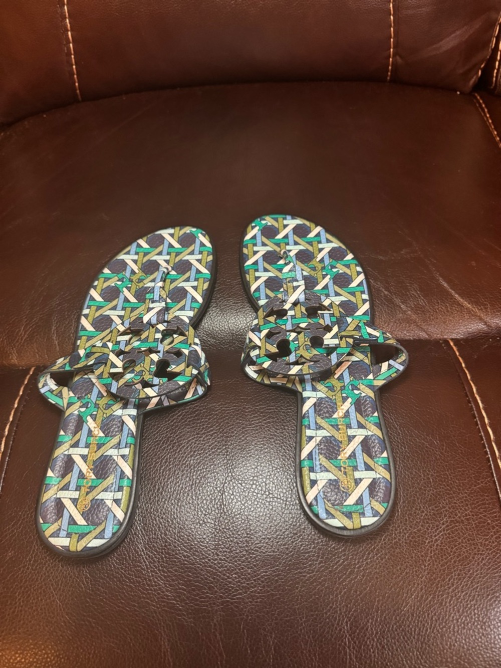 Tory Burch Multicolor Geometric Logo Slide Sandals - Blue & Green